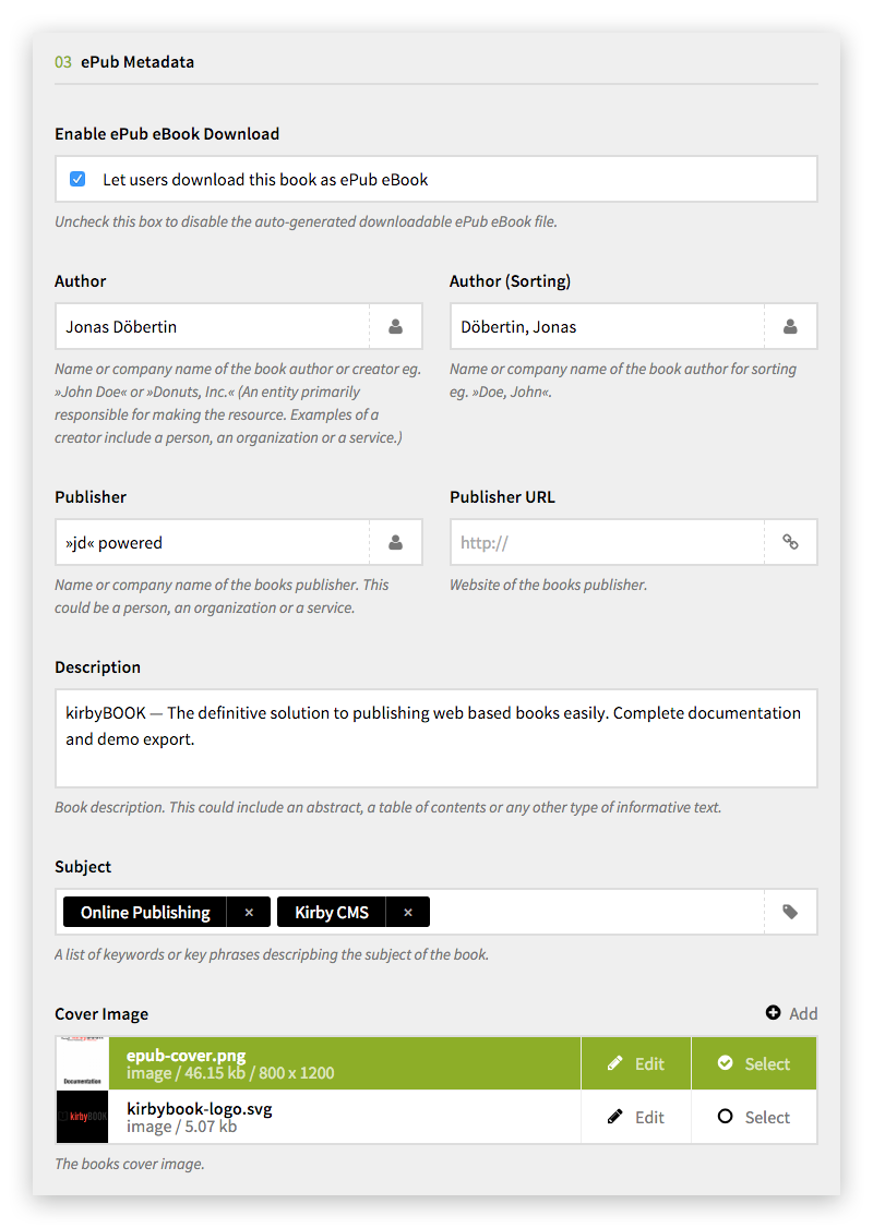 kirbyBOOK ePub Metadata Options