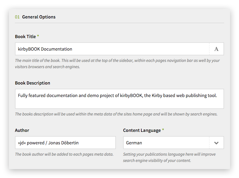 kirbyBOOK General Options