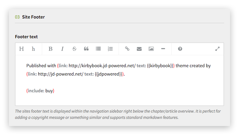 kirbyBOOK Site Footer Options